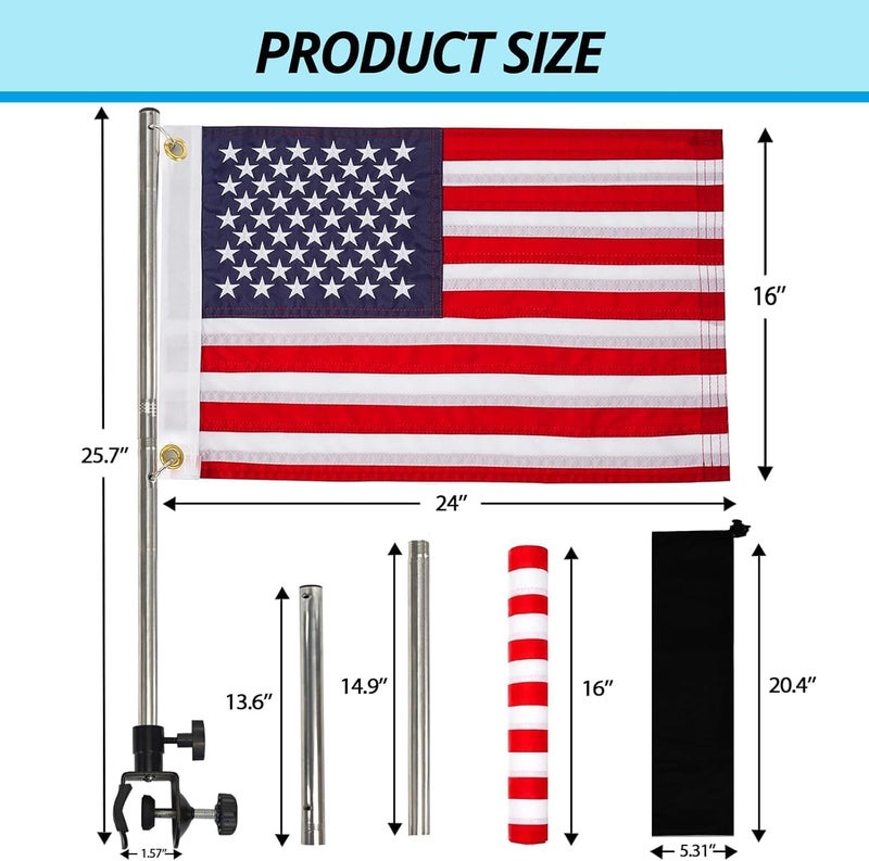 FLAGMESAGE Boat Flag Kit with Flag Holder, 16x24 Inch US Flag with Adjustable Pole Stainless Steel Clamp, 50 Embroidered Stars American Flag Boat Accessories (16x24) - Image 2